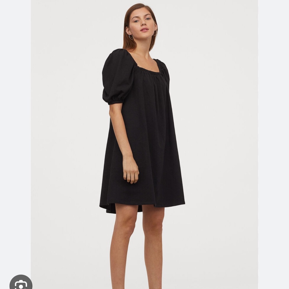 H&M puff-sleeves black cotton a-line dress